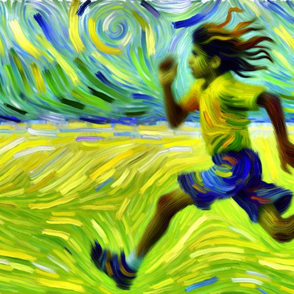 Jongen rent snel door een zonnig veld in Van Gogh-stijl met wervelende penseelstreken die beweging en snelheid uitbeelden