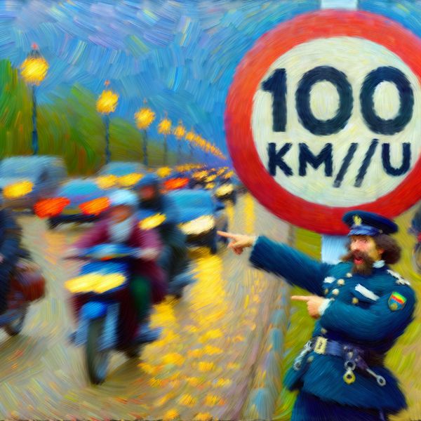 Snelheidslimietbord 100 km/u met politieagent die wijst naar de maximumsnelheid op een drukke weg met bewegende auto's en fietsers