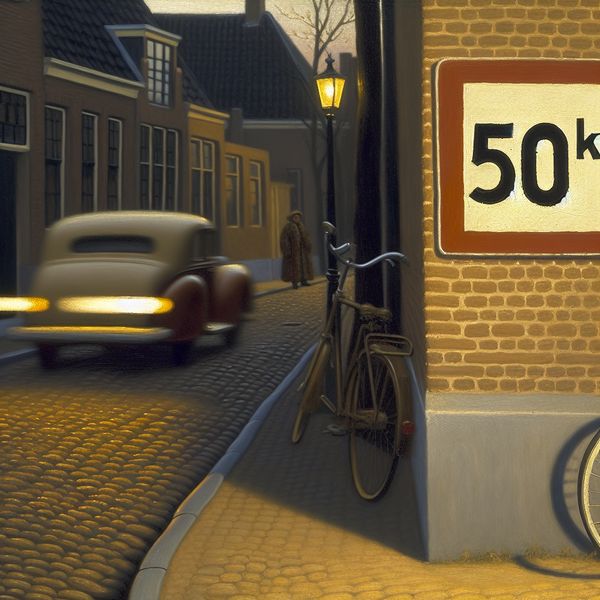 Snelheidslimiet 50 km per uur in Nederlandse straat met fiets en auto Snelheidslimietbord van 50 km/u in een rustige Nederlandse straat bij schemering met een fiets en een langzaam rijdende auto
