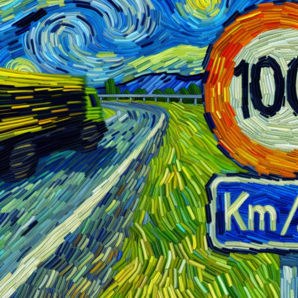 Snelheidslimiet 100 km/u in Van Gogh-stijl: visuele limiet en maximumwaarde Snelheidslimietbord van 100 km/u in Van Gogh-stijl met dynamische penseelstreken en bewegende auto op kronkelende weg