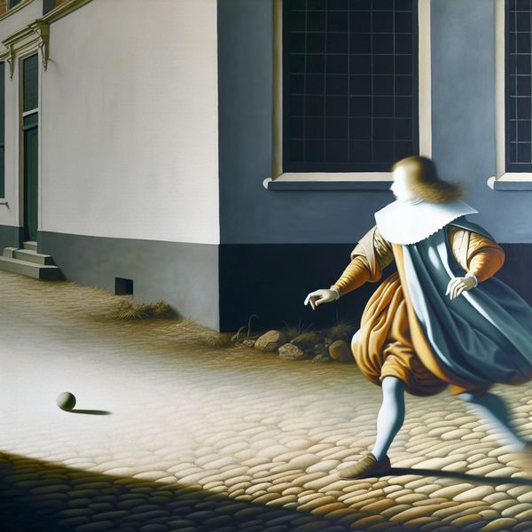 Snelle beweging kind in historische straatscène - Nederlandse schilderkunst 17e eeuw 17e-eeuws Nederlands kind in historische kleding rent over kinderhoofdjes om een rollende bal te vangen, met wazige bewegingseffecten voor snelheid