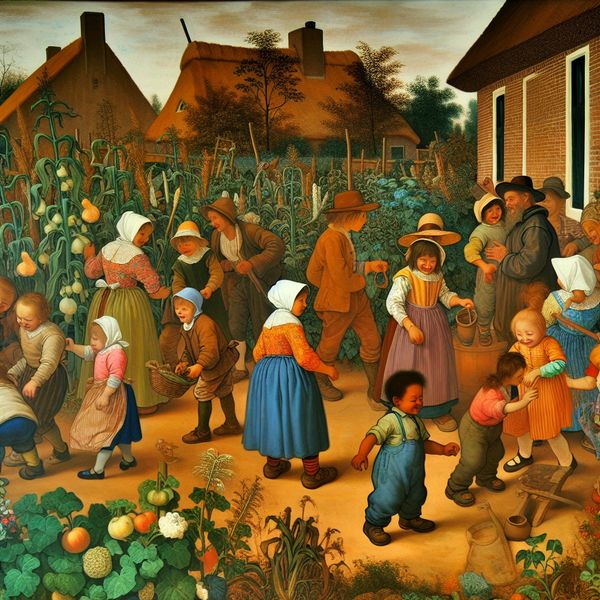 Snelle groei bij kinderen en planten in Nederlandse tuin - Jan Steen stijl Levendige Nederlandse tuinscène met spelende kinderen en snelgroeiende planten, geïnspireerd op Jan Steen, die snelle groei bij kinderen en natuur illustreert