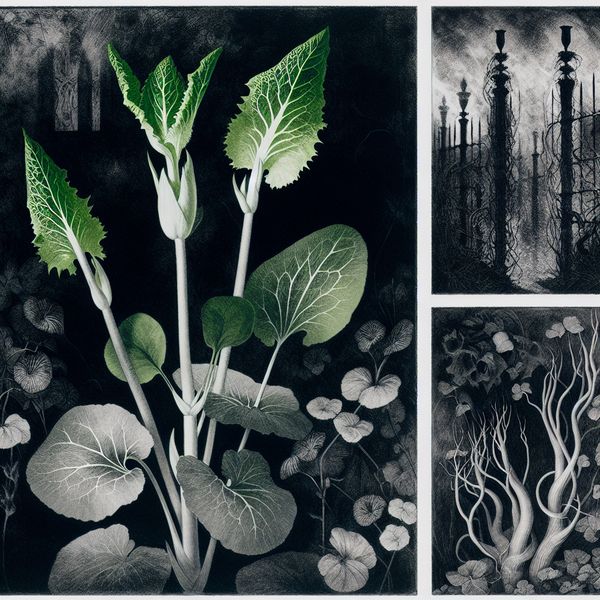 Snelle groei van planten: surrealistische tuinscène met jonge sla in gotische sfeer Donkere, symbolische tuinscène met snel groeiende jonge slaplanten in een mysterieuze, gotische tuin, geïnspireerd op Félicien Rops