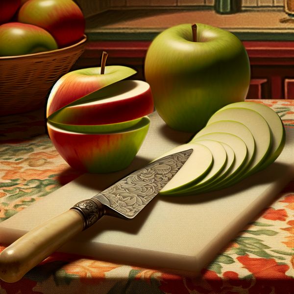 Slicing an Apple for Salad: A Culinary Art Een fijn schikking van een appel die in stukken is gesneden, met een vintage mes en een gedekte tafel op de achtergrond.