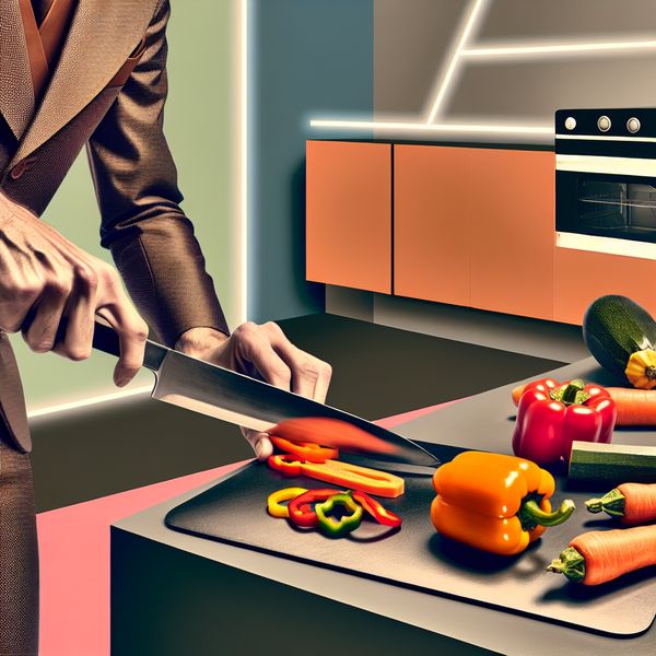 Persoon snijdt kleurrijke groenten zoals wortels, paprika's en courgette op een snijplank in een moderne keuken.