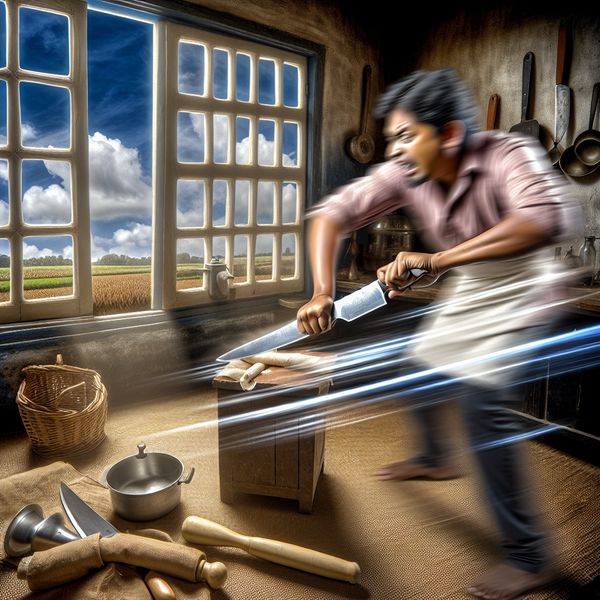 Snijden met een mes: Beweging in de keuken Een persoon snijdt snel door een pakket met een mes in een rustieke keuken, met focus op de beweging en precisie.