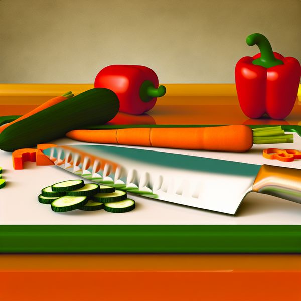Snijwerktuig: Keuken met groenten en mes Minimalistische afbeelding van een houten keukenblad met een groene snijplank en kleurrijke, gesneden groenten.