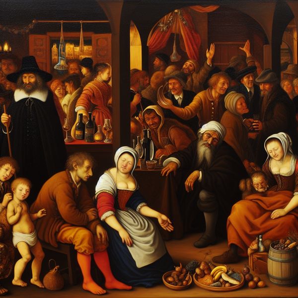 Sociaal contrast in 17e-eeuwse Nederlandse marktscène - betekenis van menselijke interactie 17e-eeuws Nederlands markttafereel met rijke koopman en arme familie, sociale ongelijkheid benadrukkend in warme aardetinten