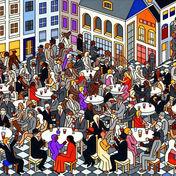 Een levendige sociale bijeenkomst in een stedelijke omgeving, met mensen die genieten van drankjes en hapjes.