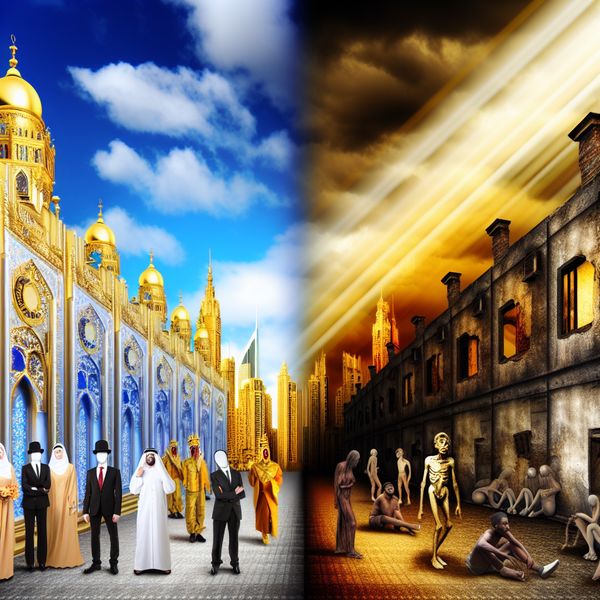 Surrealistische weergave van sociale ongelijkheid en systeemkritiek in stadsscène Surrealistisch schilderij van een verdeelde stad met een onzichtbare muur, illustrerend sociale ongelijkheid en systeemkritiek