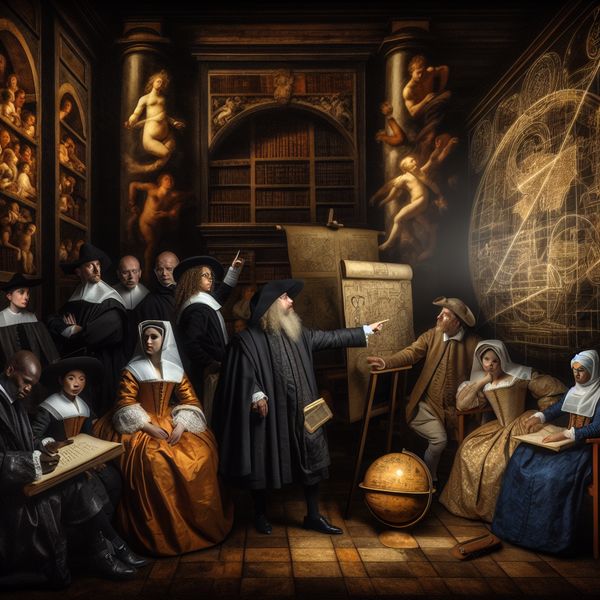 Scholieren in 17e-eeuwse kledij bestuderen sociale wetenschappen in een sfeervolle bibliotheek met oude kaarten en een globe, geschilderd in Rembrandt-stijl met dramatisch clair-obscur
