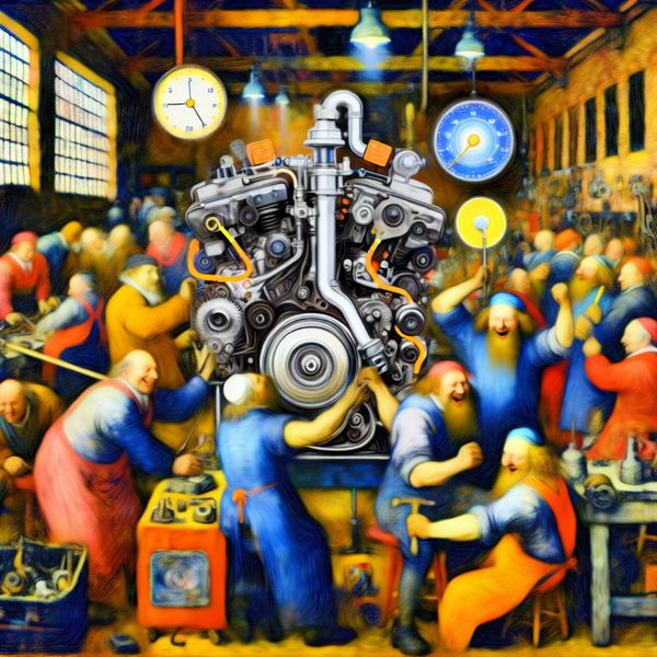 Soepel Werkende Motor in Werkplaats met Tevreden Mechanica Mechanica kijken tevreden naar soepel werkende motor in werkplaats