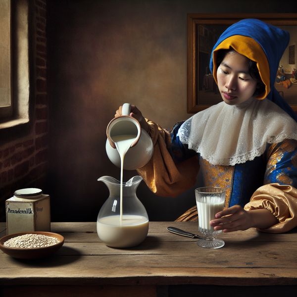 Sojamelk schenken in Vermeer-stijl: plantaardige melk in historisch interieur Jonge vrouw schenkt romige sojamelk in een glas in een rustig 17e-eeuws Hollands interieur met plantaardige melkproducten