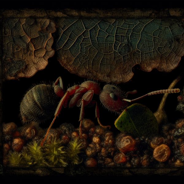 Soldaatje-mier in bos: gedetailleerde illustratie van kleine insectenwereld Klein soldaatje-mier met een blad in een mysterieus bos, detailrijke illustratie in donkere stijl