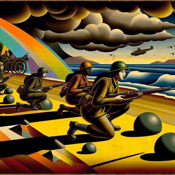 Dramatische afbeelding van soldaten die strategisch landmijnen plaatsen langs een kustlijn, met een retro-futuristische uitstraling.