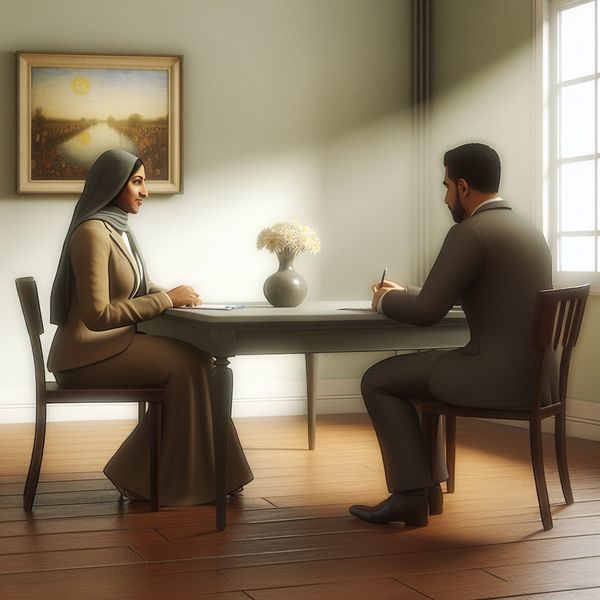 Professioneel sollicitatiegesprek in modern kantoor Vrouw in een moderne kantooromgeving tijdens een sollicitatiegesprek met een man in een pak, allemaal verlicht door zacht binnenkomend licht.