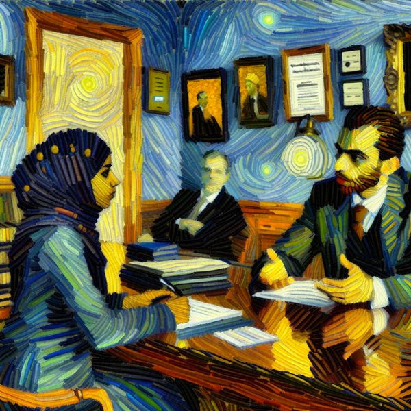 Sollicitatiegesprek in Van Gogh-stijl: formele bespreking met documenten en professionele sfeer Twee personen in een formeel sollicitatiegesprek aan een houten tafel, geschilderd in de stijl van Vincent van Gogh met expressieve penseelstreken en warme kleuren