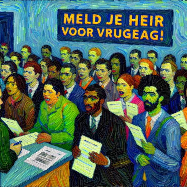 Diverse kandidaten met sollicitatieformulieren in een levendige Van Gogh-stijl kantooromgeving met een bord 'Meld je hier voor vrijdag!'