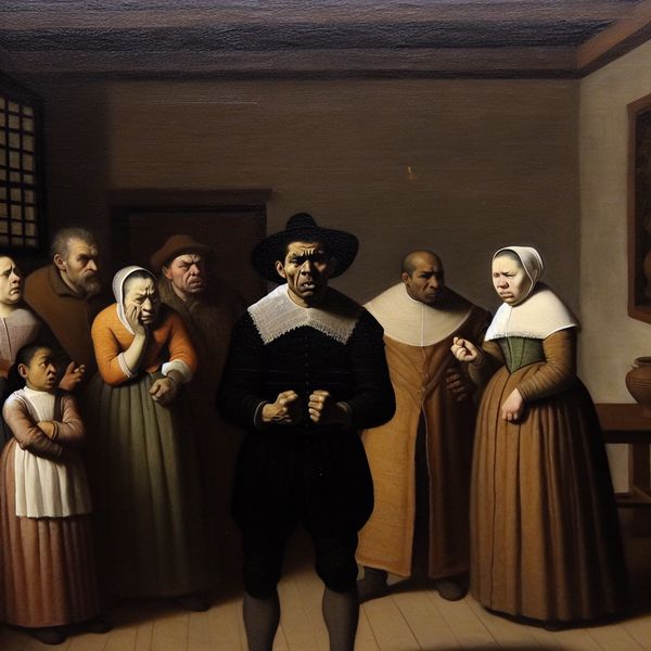 Somber interieur met emotionele spanning over zonde Interieur van een sombere ruimte met een man met een pijnlijke uitdrukking en gekuiste vuisten, omringd door mensen die oordeelkundige blikken werpen.
