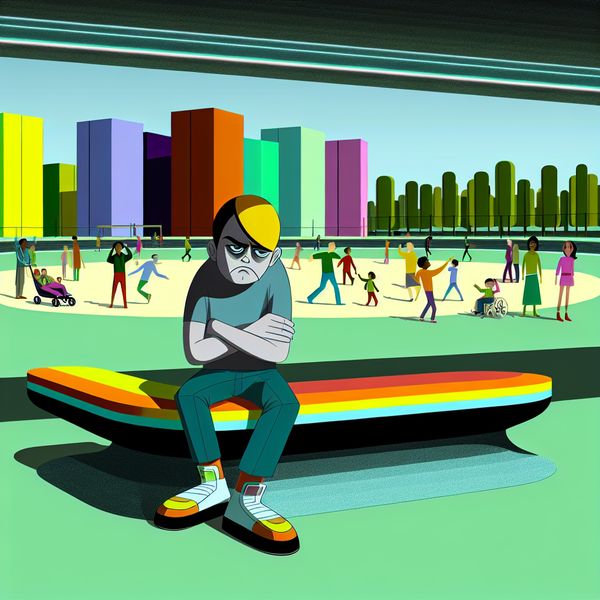 Somberheid en vreugde in het park: Een retro-futuristisch tafereel Een sombere jongen zit alleen op een kleurrijke retro-futuristische bank in een modern park.
