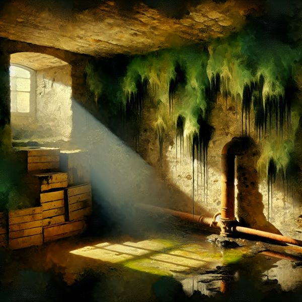Gloomy Basement with Mold - Symbol of Decay Een sombere, slecht verlichte kelder vol oude spullen en schimmels, met een groene-bruinachtige mist die verval symboliseert.