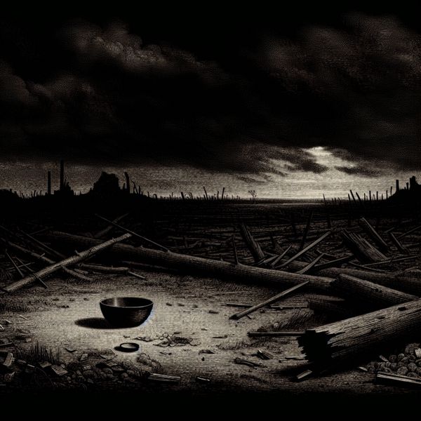 Een somber landschap na een natuurramp met een lege schaal op de grond, symbool voor voedseltekort