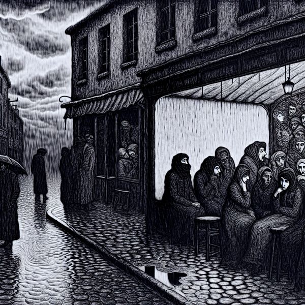 Somber, regenachtig straatbeeld met mensen onder luifels, dromerig en verloren kijkend naar de regen