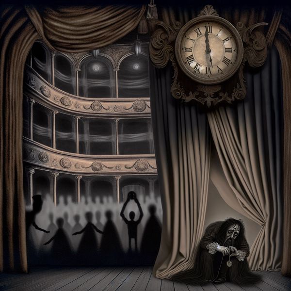 Een sombere theaterscène met een grote klok boven het podium die langzaam loopt, terwijl een performer gedesillusioneerd naar zijn horloge kijkt.
