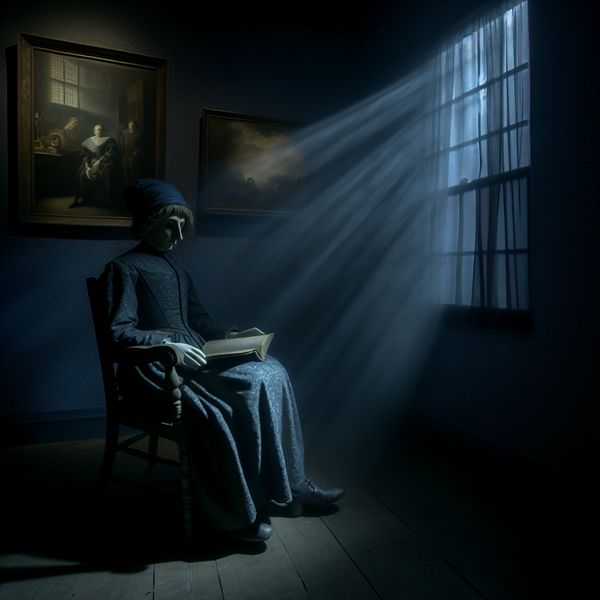 Sombere Kamer met Solitaire Figuur en Boek Een figuur zit alleen op een vintage stoel met een boek in een slecht verlichte kamer, met een melancholische uitstraling.