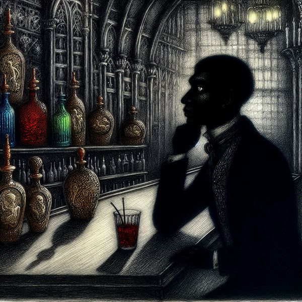 Sombere man in een sfeervolle bar met alcoholische dranken Een sombere man zit aan een houten bar met kleurrijke flessen om zich heen, in een donkere en sfeervolle barsetting.