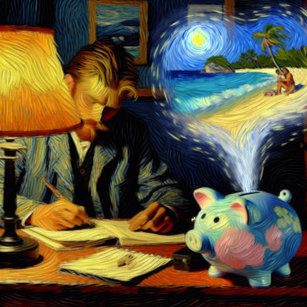Persoon studeert aan een bureau met spaarvarken en visioen van tropisch strand als beloning voor sparen, Van Gogh-stijl