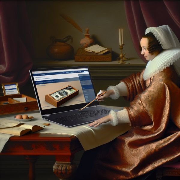 Elegante vrouw in 17e-eeuws Nederlands interieur beheert spaargeld online op een moderne laptop met bankwebsite zoals ING