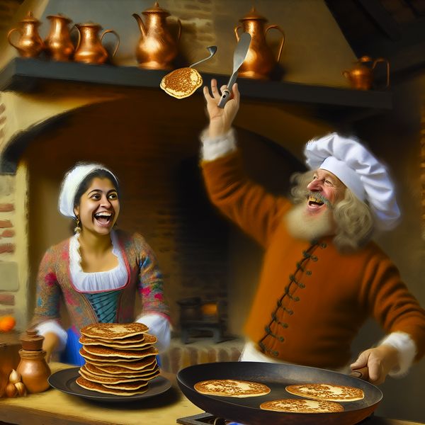 Speciaal gerecht bereiden: Nederlandse kok maakt pannenkoeken met liefde Vrolijke 17e-eeuwse Nederlandse kok die met zorg een stapel goudbruine pannenkoeken bakt voor een glimlachende vrouw in een gezellige keuken