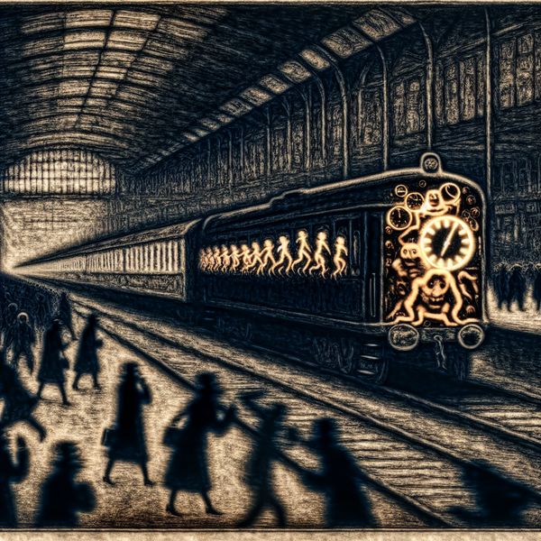 Speciale trein weekendvervoer surrealistisch station tafereel Surrealistisch tafereel van een druk weekendstation met een extra speciale trein die gloeit met etherisch licht, symboliserend iets buiten de normale gang van zaken