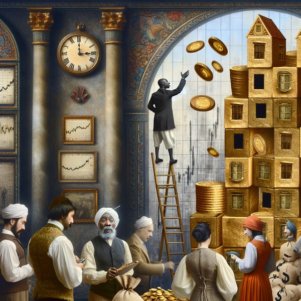 Speculeren op de beurs of vastgoedmarkt: risico en onzekerheid in vintage stijl Illustratie van een nostalgische beurs of vastgoedmarkt waar een man op een wankele ladder naar een toren van gouden munten en huisblokken reikt, symboliserend speculatie en risico