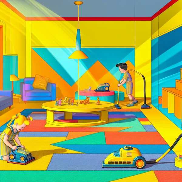 Vrolijk speelgoed voor kinderen: Miniatuur stofzuigers in retro-futuristische woonkamer Twee kinderen spelen gelukkig met miniatuur stofzuigers in een vrolijk ingericht retro-futuristisch woonkamer
