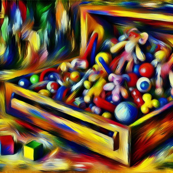 Abstract expressionistisch beeld van een grote houten speelgoedopbergdoos vol met kleurrijke speeltjes zoals pluche dieren, bouwblokken en ballen.