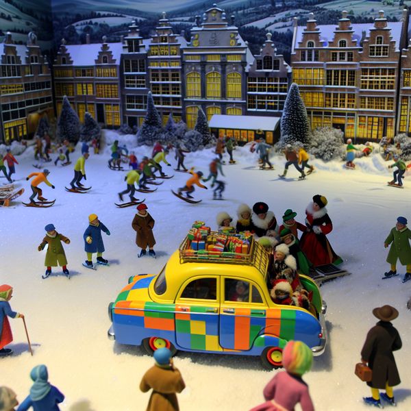 Speelgoedtaxietje in winterse dorpsscène - Kinderen spelen met miniatuurtaxi Kinderen spelen vrolijk met een kleurrijk speelgoedtaxietje in een besneeuwd dorp, winterse sfeer in de stijl van Hendrick Avercamp