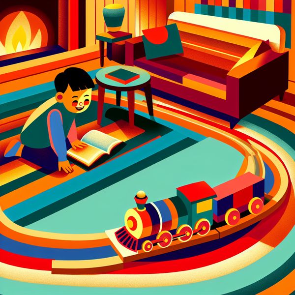 Kind speelt vrolijk met een kleurrijke speelgoedtrein op een houten spoor in een retro woonkamer
