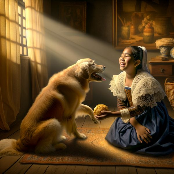 Kind en huisdier: speelkameraadje in Vermeer-stijl schilderij Jong meisje in 17e-eeuwse jurk speelt liefdevol met een gouden retriever in een zonnige kamer, symboliserend een speelkameraadje