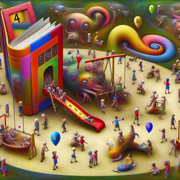Speelplaats van een basisschool: een surrealistisch perspectief op leren Vibrant basisschool speelplaats met kinderen die spelen in een surrealistische omgeving met fantasieachtige speelstructuren.