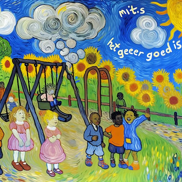 Speelplaats onder blauwe lucht met voorwaarde voor spelen Afbeelding van een speelplaats met kinderen die naar schommels en glijbanen kijken onder een heldere blauwe lucht met een grote wolk met de tekst 'Mits het weer goed is'.