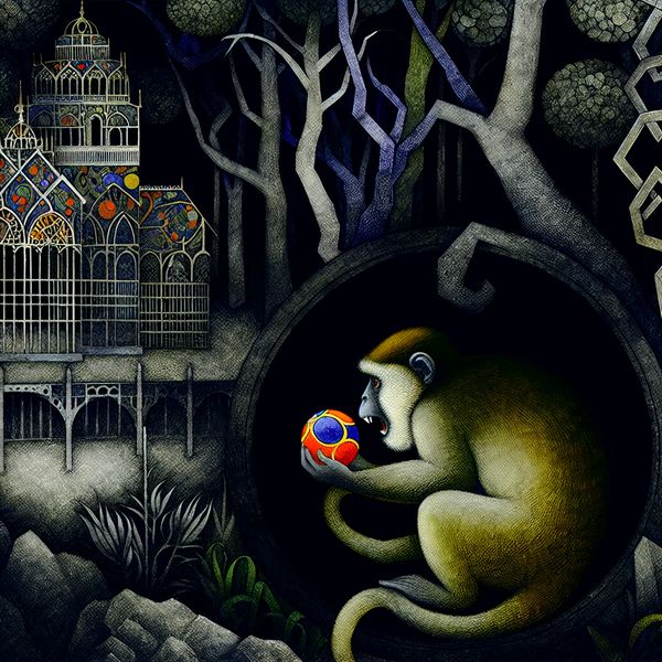 Een speelse aap in een mysterieuze dierentuinomgeving, met een kleurrijke bal