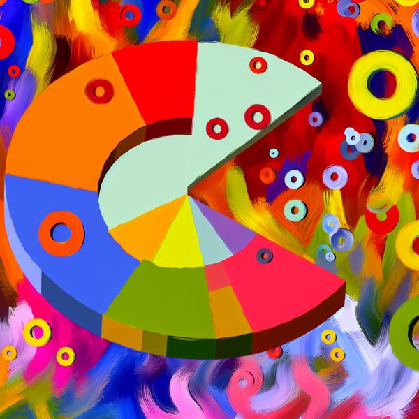Speelse Abstracte Taartdiagram voor Statistiek en Visualisatie Speelse abstracte afbeelding van een taartdiagram met kleurrijke, overgedimensionale segmenten en een chaotische achtergrond.