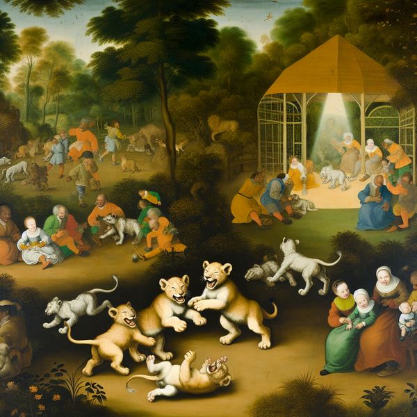 Speelse babyleeuwen in de dierentuin Speelse babyleeuwen die samenfrolicteren in een zooomgeving, met gezinnen en kinderen in de buurt.