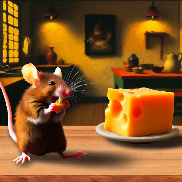Speelse bruine muis met kaas in een gezellige keuken Een levendige bruine muis die op een houten keukentafel een stuk kaas aan het knabbelen is.