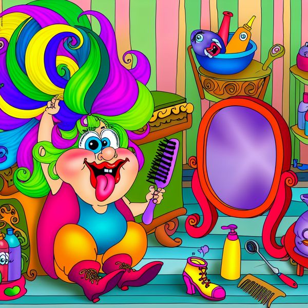 Speelse cartoon met haarverzorging en styling producten Een speelse cartoonafbeelding van een karakter dat voor een kleurvolle spiegel zit en een grote kam vasthoudt terwijl het zijn levendige haar stylt.