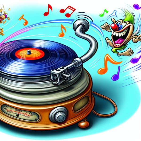 Speelse Turntable Illustratie met Draaiende As en Vrolijke Dieren Een cartoonachtige draaitafel met een zichtbaar, goed geoliede as in het midden, met een vrolijke kat of hond die speelt met de draaiende schijf en musical noten om zich heen.