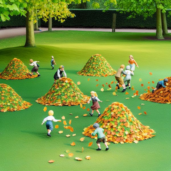 Speelse herfstbladeren in een speeltuin Speelse scène van een speeltuin met kleine, kleurrijke hopen herfstbladeren waar kinderen omheen spelen.