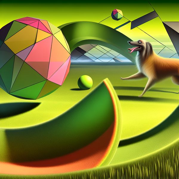 Speelse hond met kleurrijke bal in surrealistisch landschap Vibrant, oversized bal op een optisch illusie-grasveld met een speelse hond die de bal terugbrengt